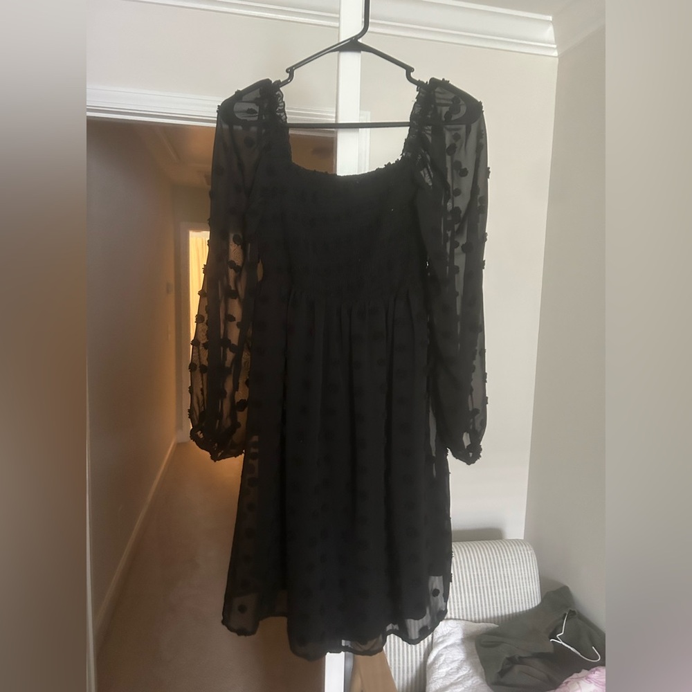 Black polka dot shear sleeve dress